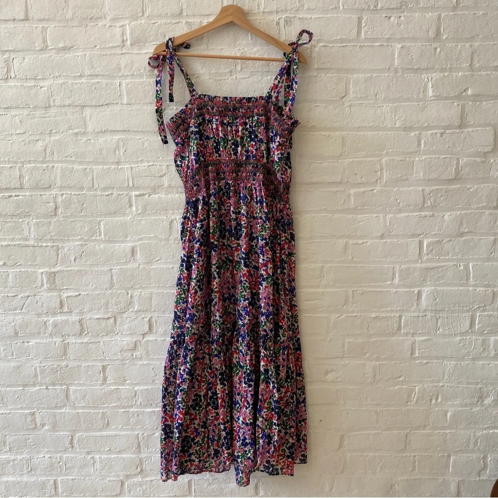 J. Crew || Smocked Dress In Watermark Floral Print Tie Shoulder Midi Medium_7